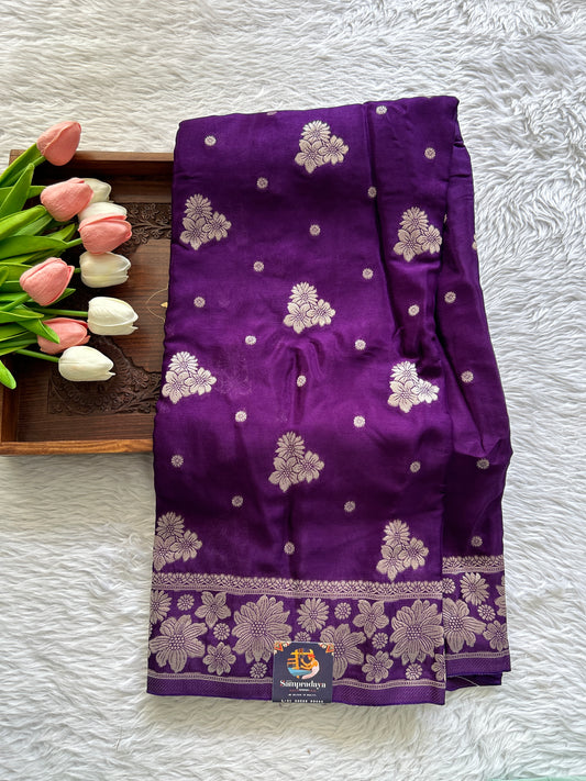 Viscose Georgette Saree Violet Colored Complemented with a Zari Border. - Sampradaya Designer Studio