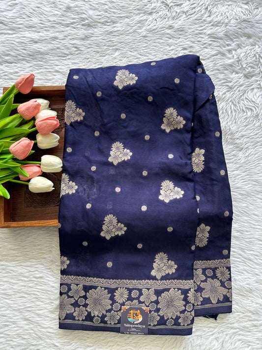 Viscose Georgette Saree Navy Blue Colored Complemented with a Zari Border. - Sampradaya Designer Studio