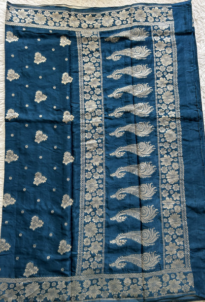 Viscose Georgette Saree Peacock Blue Colored Complemented with a Zari Border. - Sampradaya Designer Studio