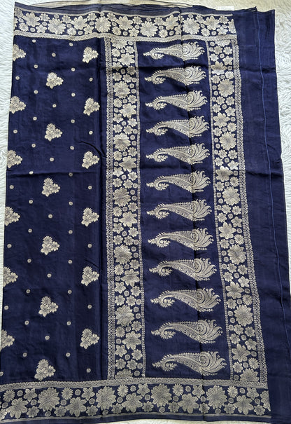 Viscose Georgette Saree Navy Blue Colored Complemented with a Zari Border. - Sampradaya Designer Studio