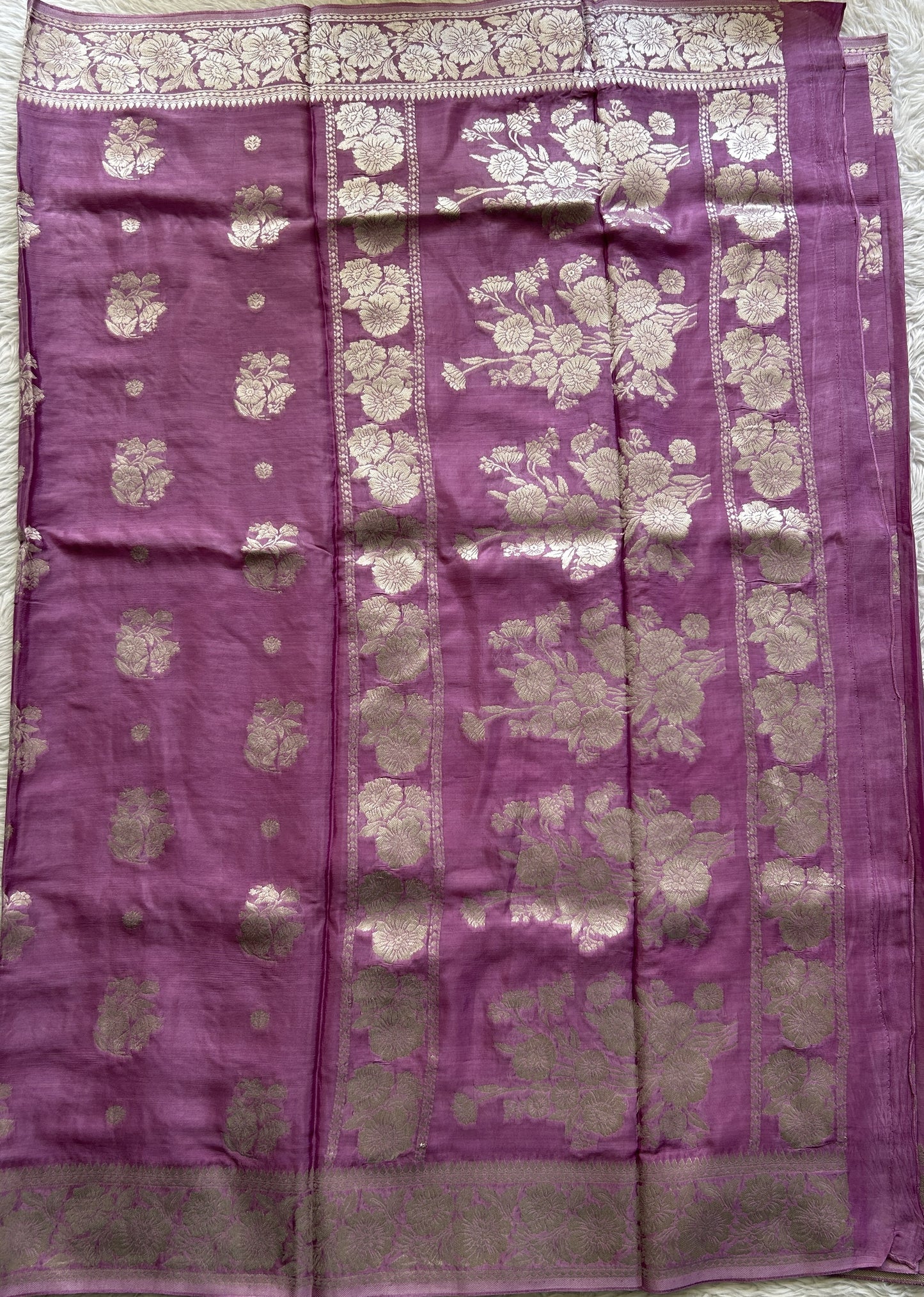 Viscose Georgette Saree Lavender Colored Complemented with a Zari Border. - Sampradaya Designer Studio