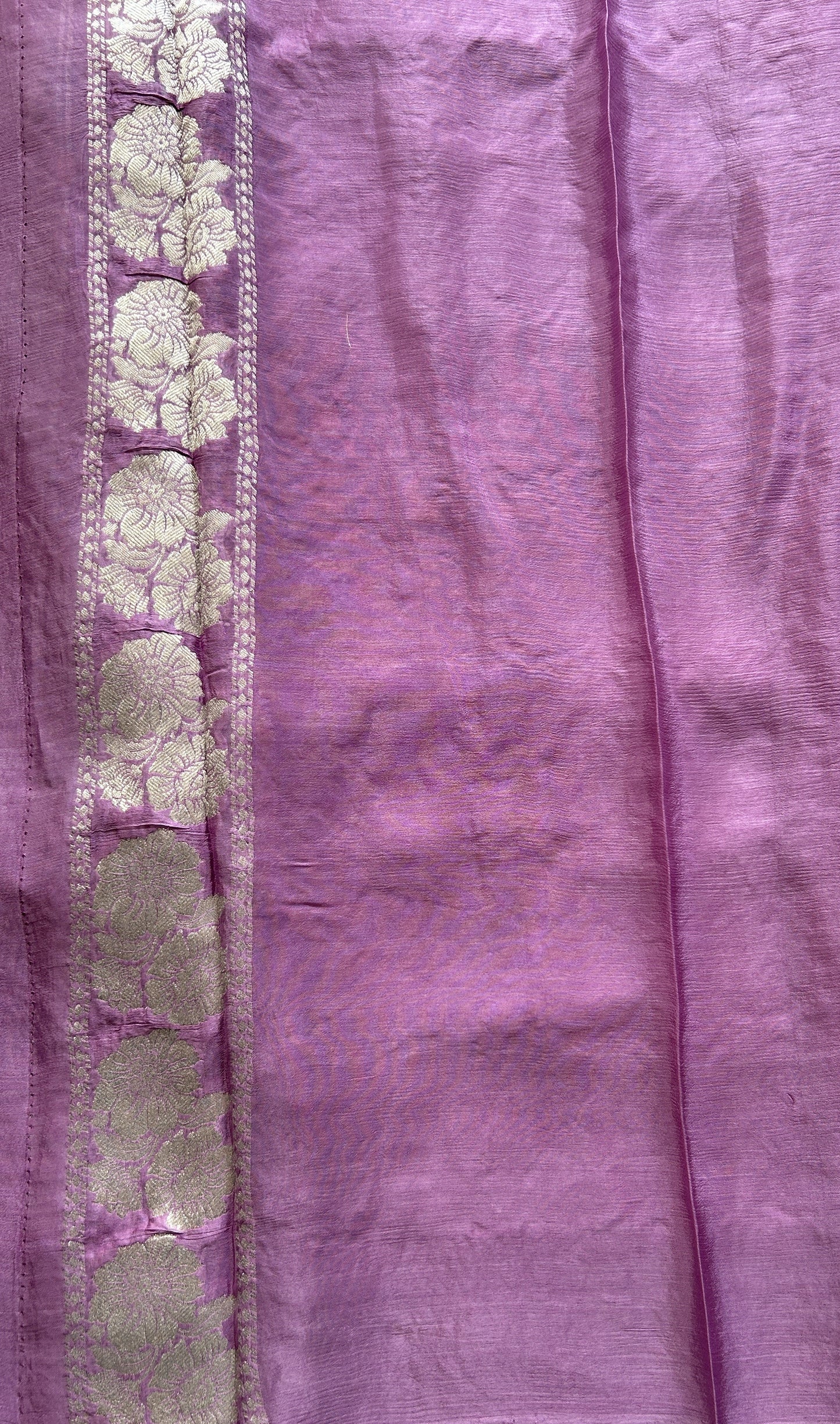 Viscose Georgette Saree Lavender Colored Complemented with a Zari Border. - Sampradaya Designer Studio