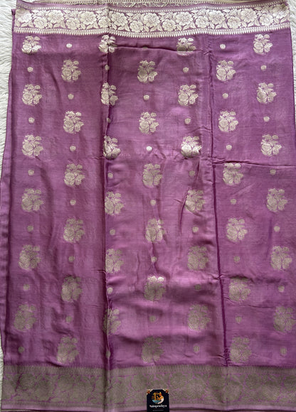 Viscose Georgette Saree Lavender Colored Complemented with a Zari Border. - Sampradaya Designer Studio