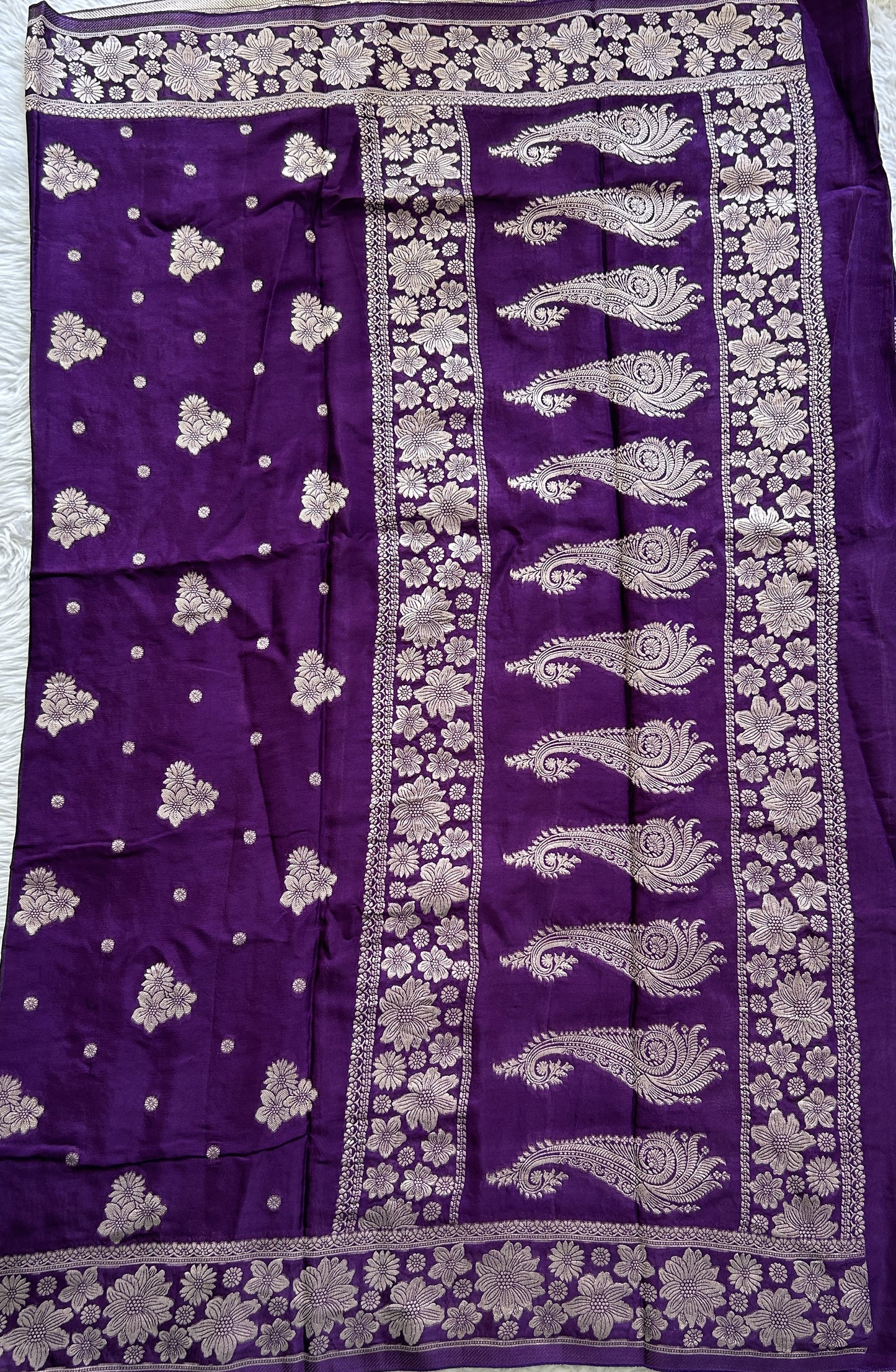 Viscose Georgette Saree Violet Colored Complemented with a Zari Border. - Sampradaya Designer Studio