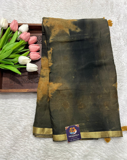 Banarasi Crepe silk Saree Dark Olive Green colored complemented with a Zari border. - Sampradaya Designer Studio