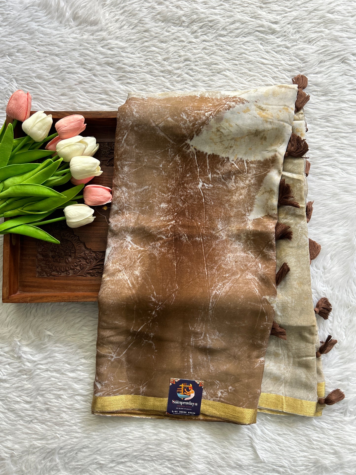 Banarasi Crepe silk Saree Brown colored complemented with a Zari border. - Sampradaya Designer Studio