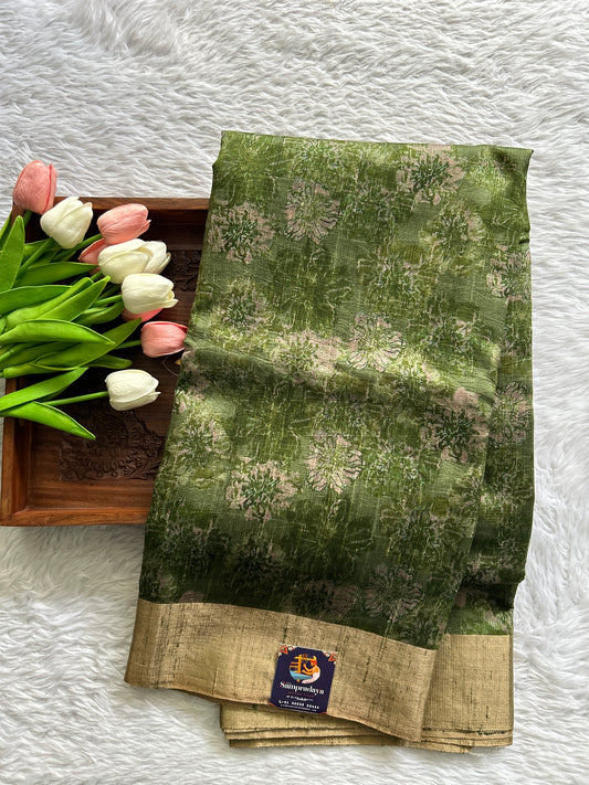 Pure Tussar silk Saree Dark Green Color Complemented with a Zari Border. - Sampradaya Designer Studio