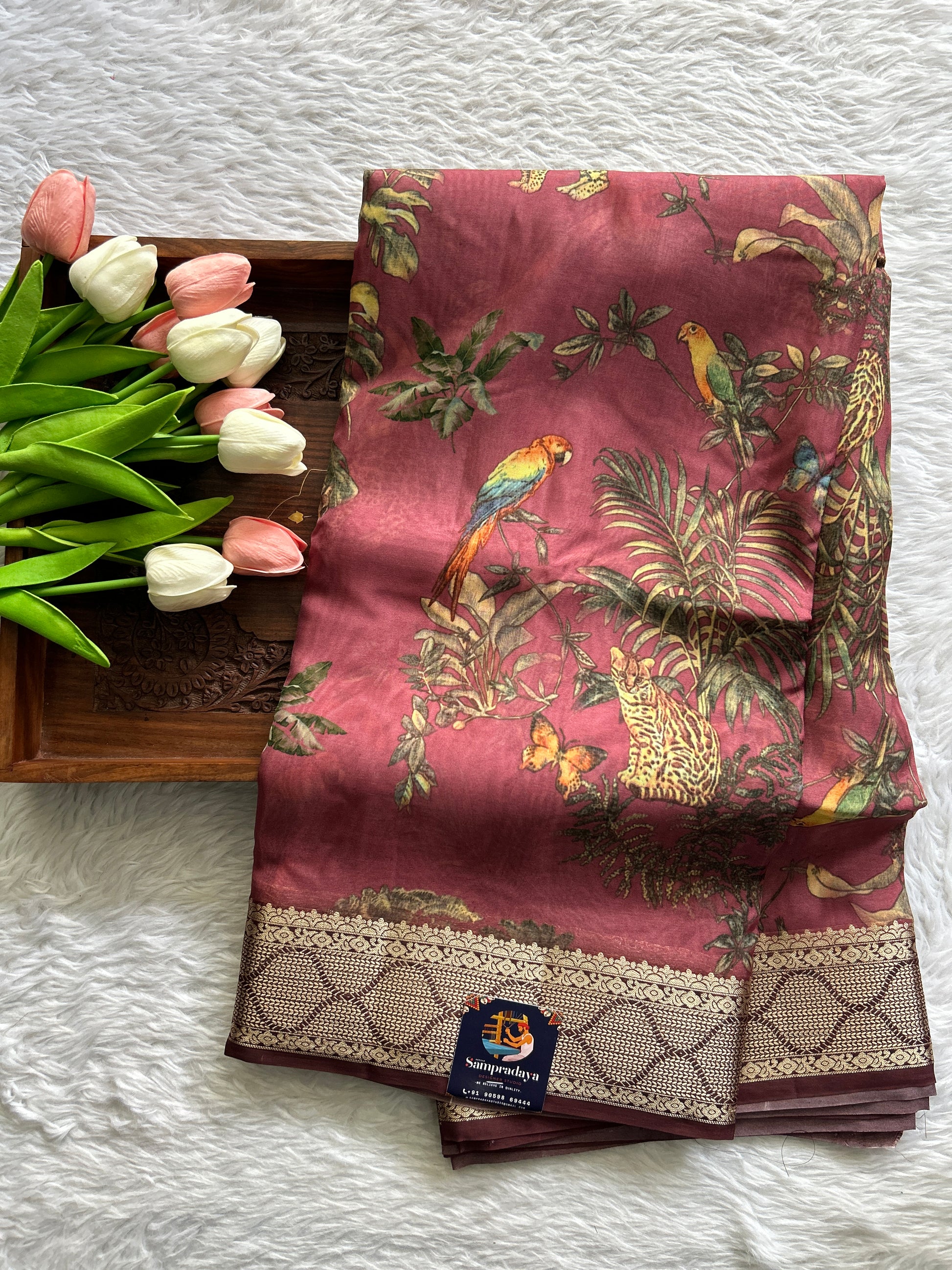 Banarasi Soft Silk Saree Mauve Colored Complemented with a Zari Border. - Sampradaya Designer Studio