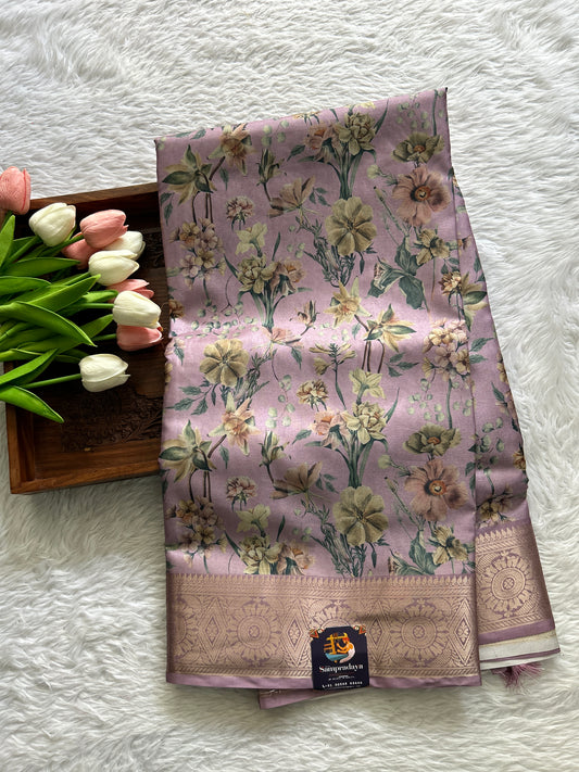 Banarasi Soft Silk Saree Light Lilac Colored Complemented with a Zari Border. - Sampradaya Designer Studio