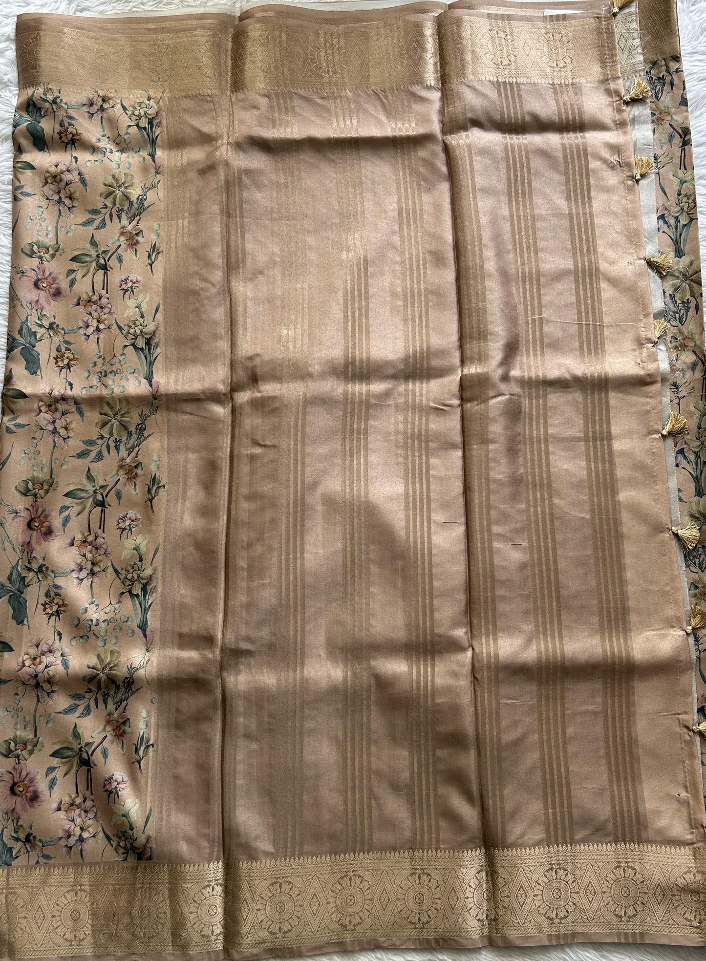 Banarasi Soft Silk Saree Beige Colored Complemented with a Zari Border. - Sampradaya Designer Studio