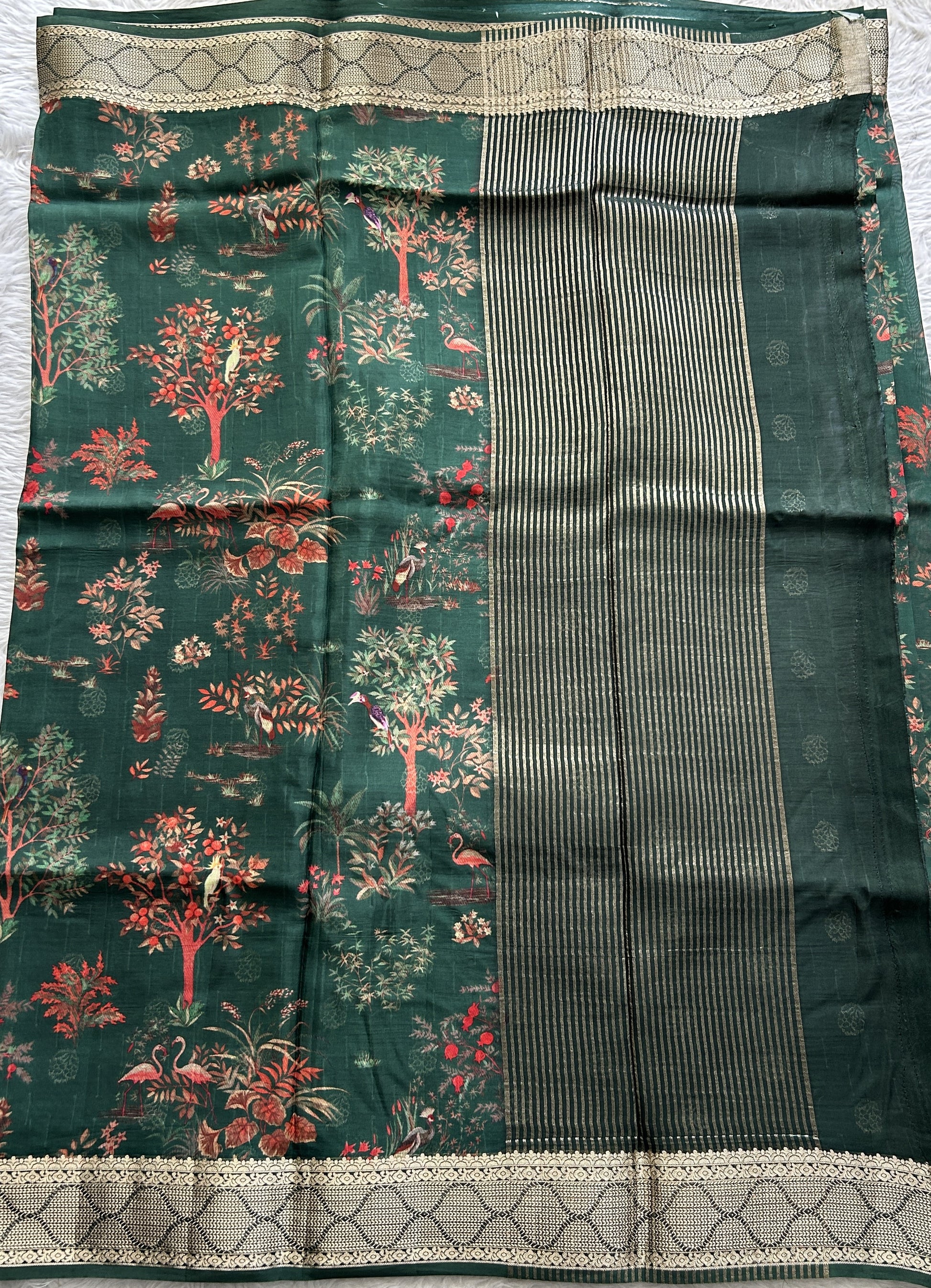 Banarasi Soft Silk Saree Bottle Green Colored Complemented with a Zari Border. - Sampradaya Designer Studio