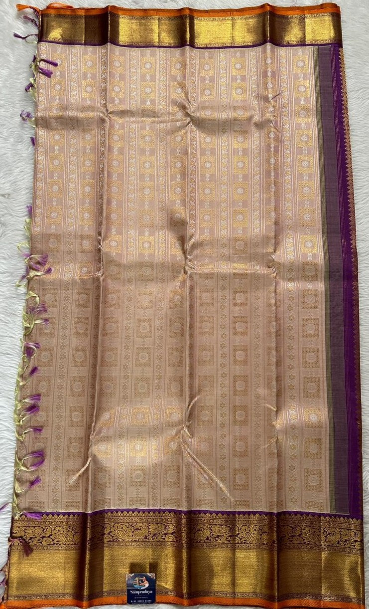 Kanjivaram Bridal Silk Saree Beige colored Saree complemented with a Purple Colored Gold Kanchi border. - Sampradaya Designer Studio