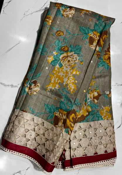 Tussar Silk Saree Dark Olive Green colored Saree complemented with a Cream Colored Cutwork border. - Sampradaya Designer Studio