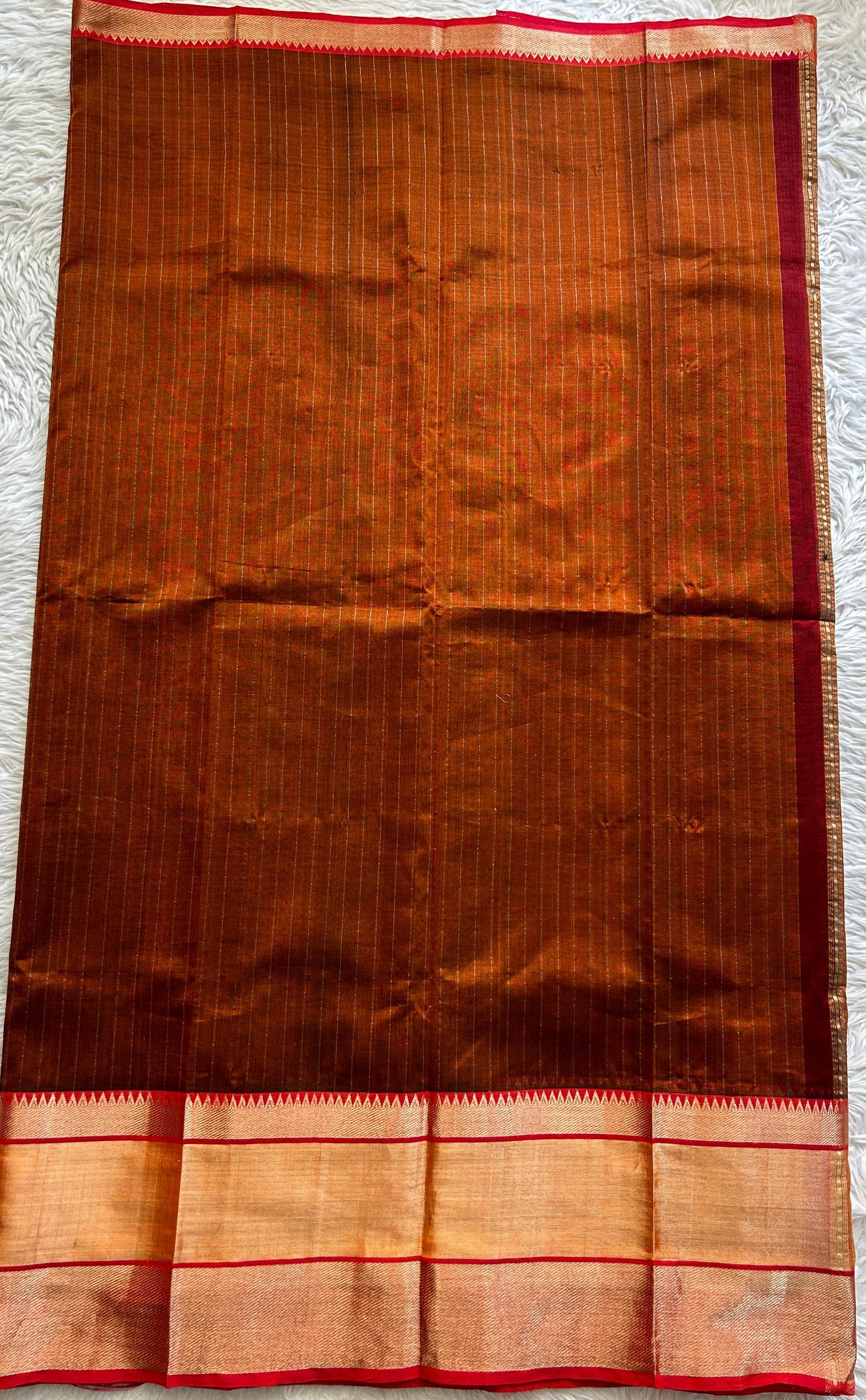 Mangalagiri Plain Pattu Saree Rust colored complemented with a Zari Border - Sampradaya Designer Studio